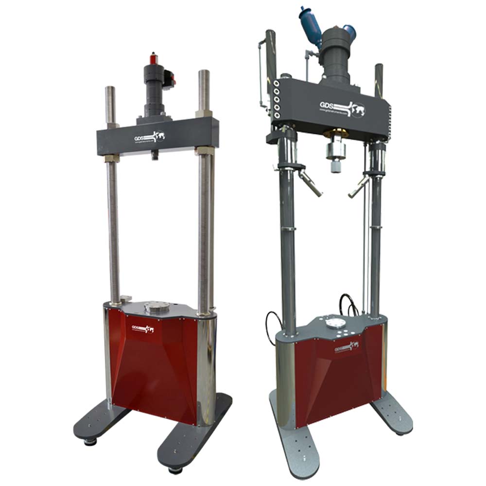 Soil testing equipment hydraulic load frames for rock for continuous infinite volume flow (either target or ramp) soil tests